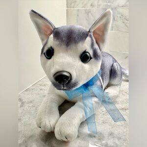 New Siberian Husky Dog Stuffed Animal Plush Toy Stuffy w/ Blue Bow - 14”
